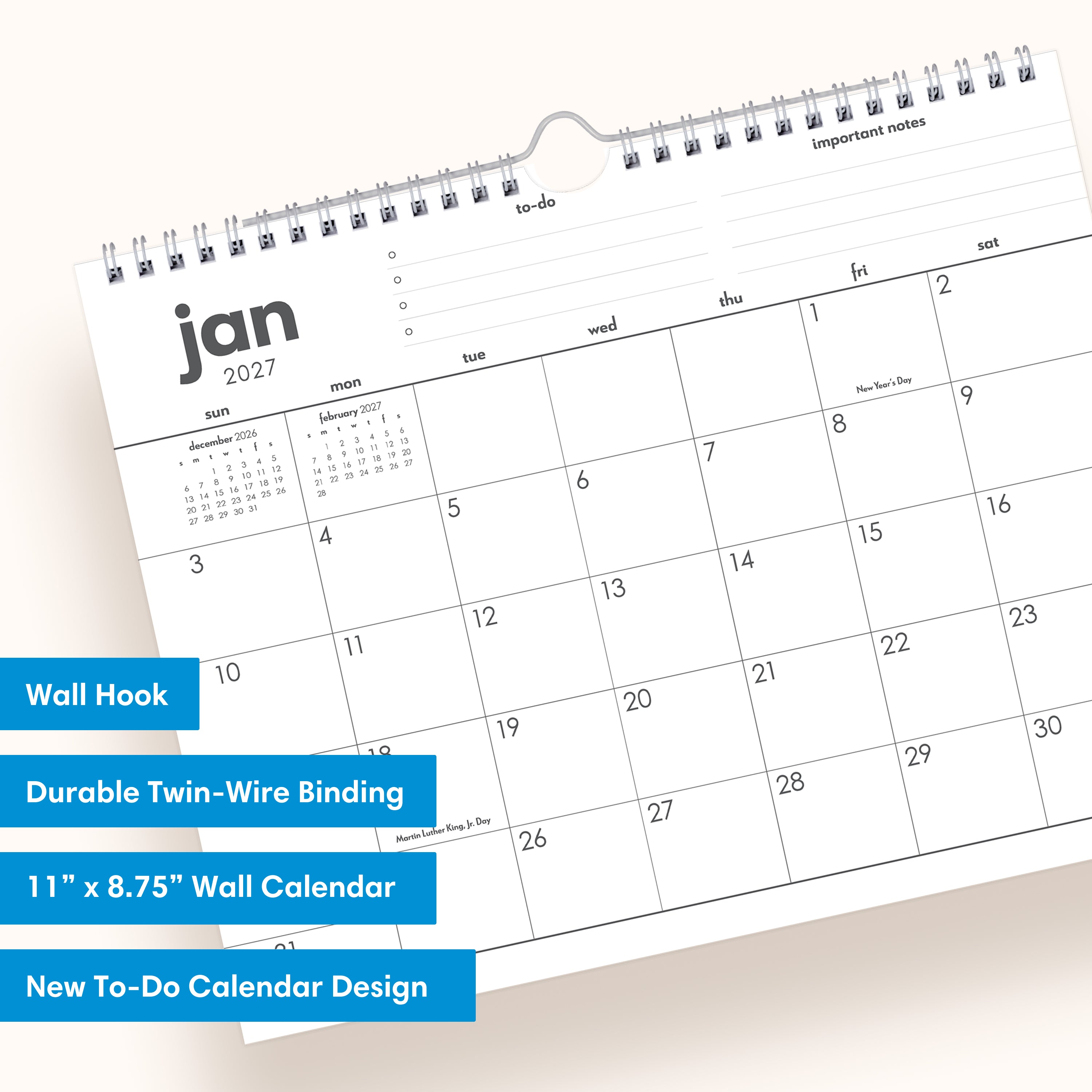 january 2027-December 2027 wall calendar in 11x8.75 size blank writing space and reference calendars