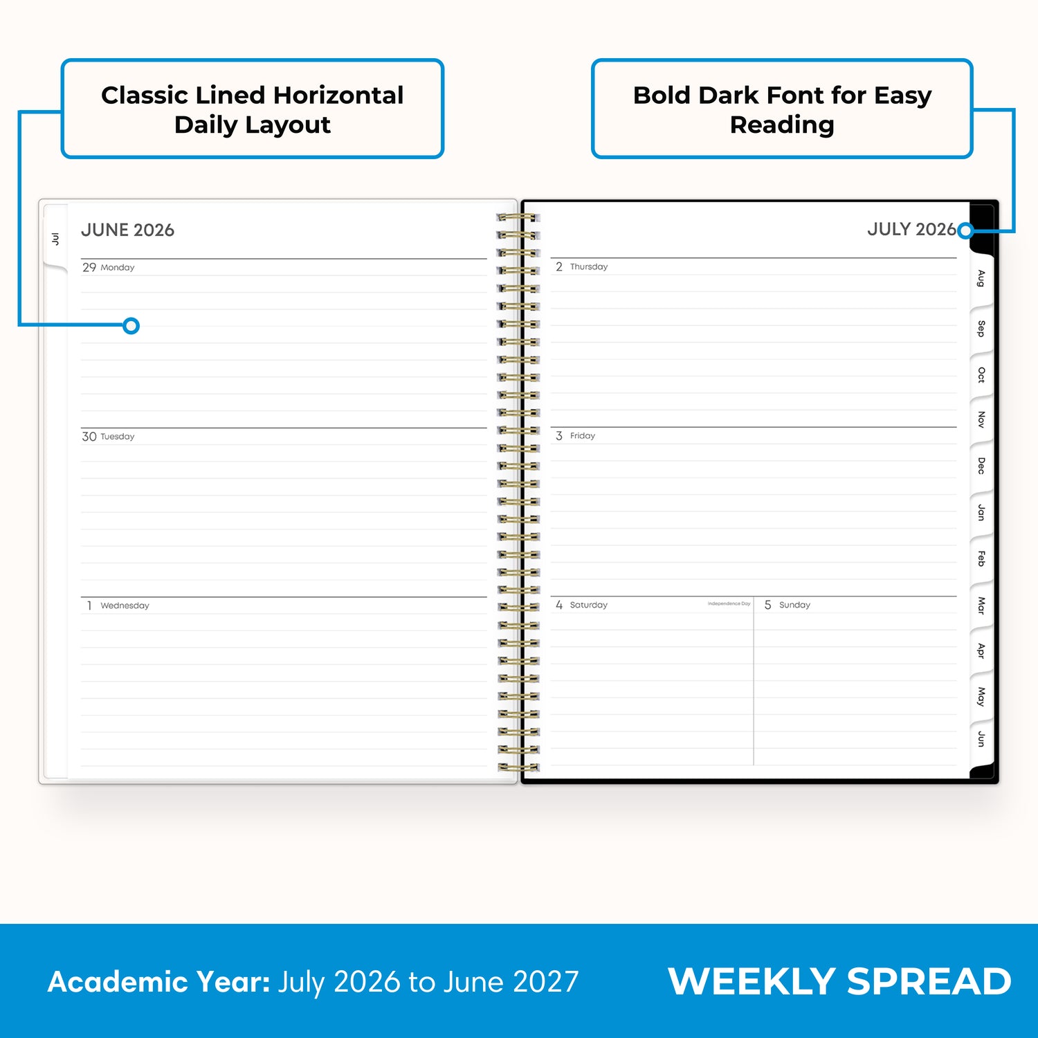 2026-2027 weekly spread featuring ample writing space, bullet points, to do-list.
