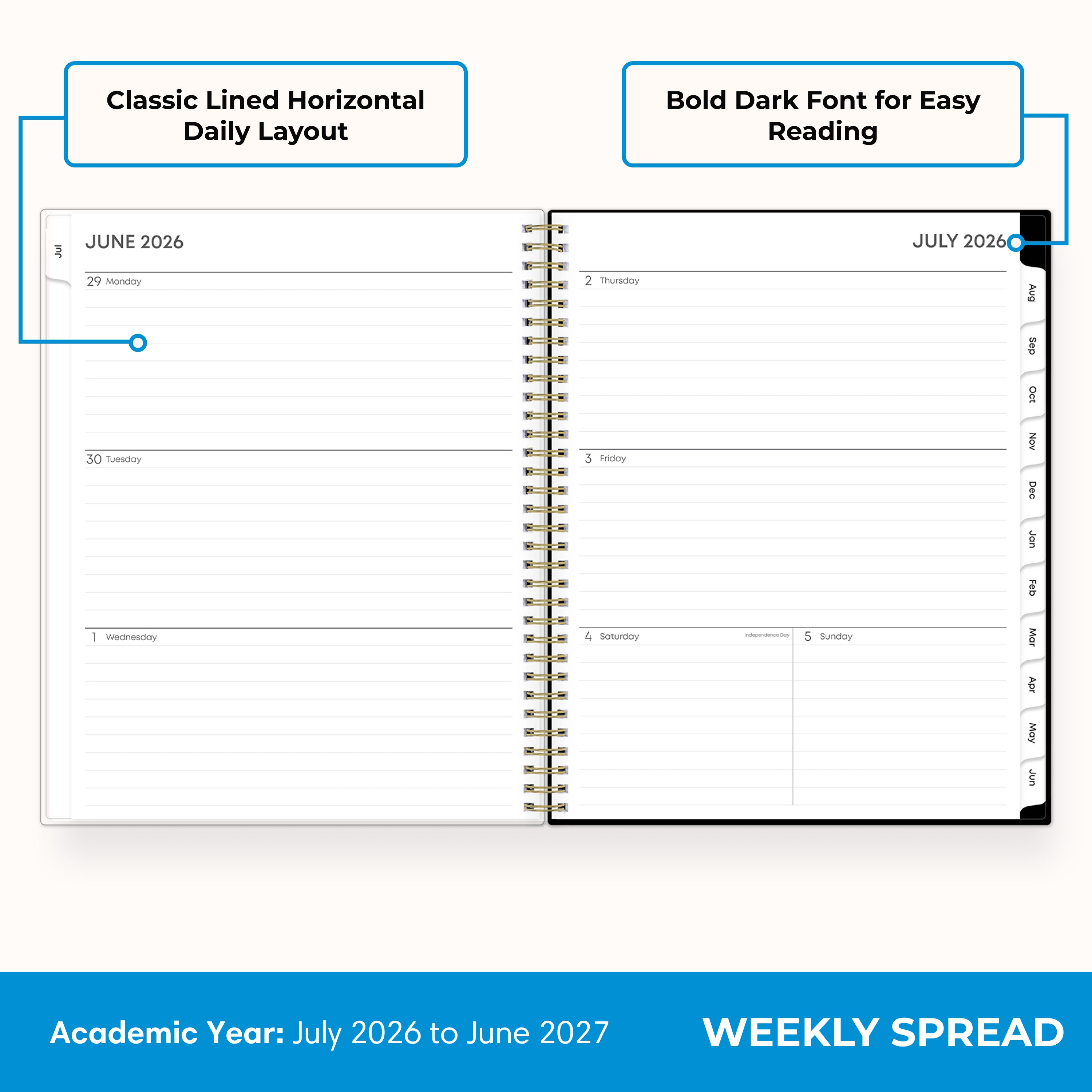 2026-2027 weekly spread featuring ample writing space, bullet points, to do-list.
