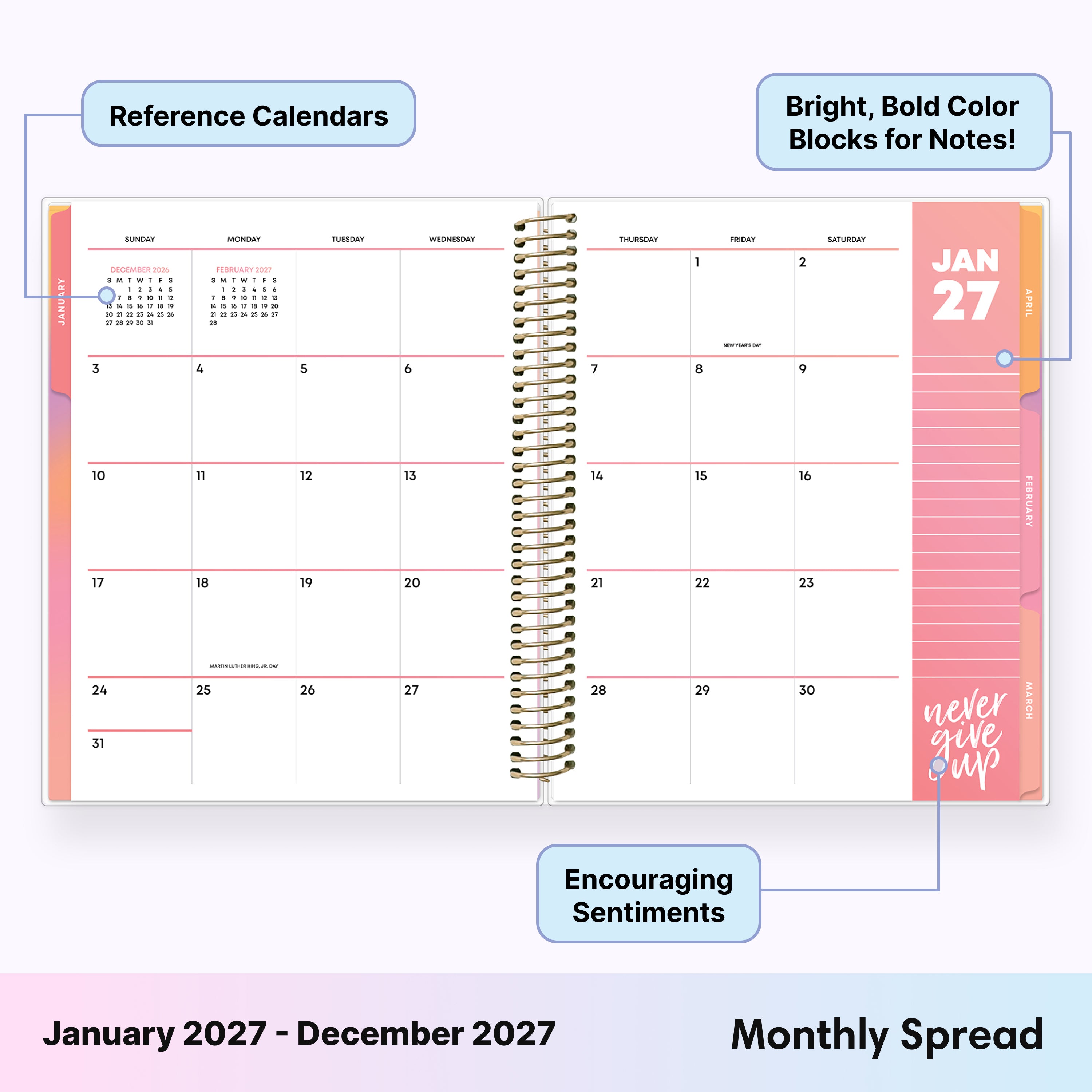 2027 monthly spread featuring ample blank writing space for each date, notes section, reference calendars, and monthly tabs