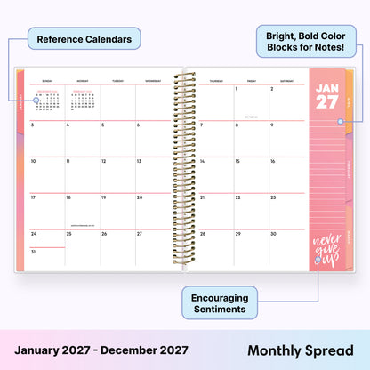 2027 monthly spread featuring ample blank writing space for each date, notes section, reference calendars, and monthly tabs
