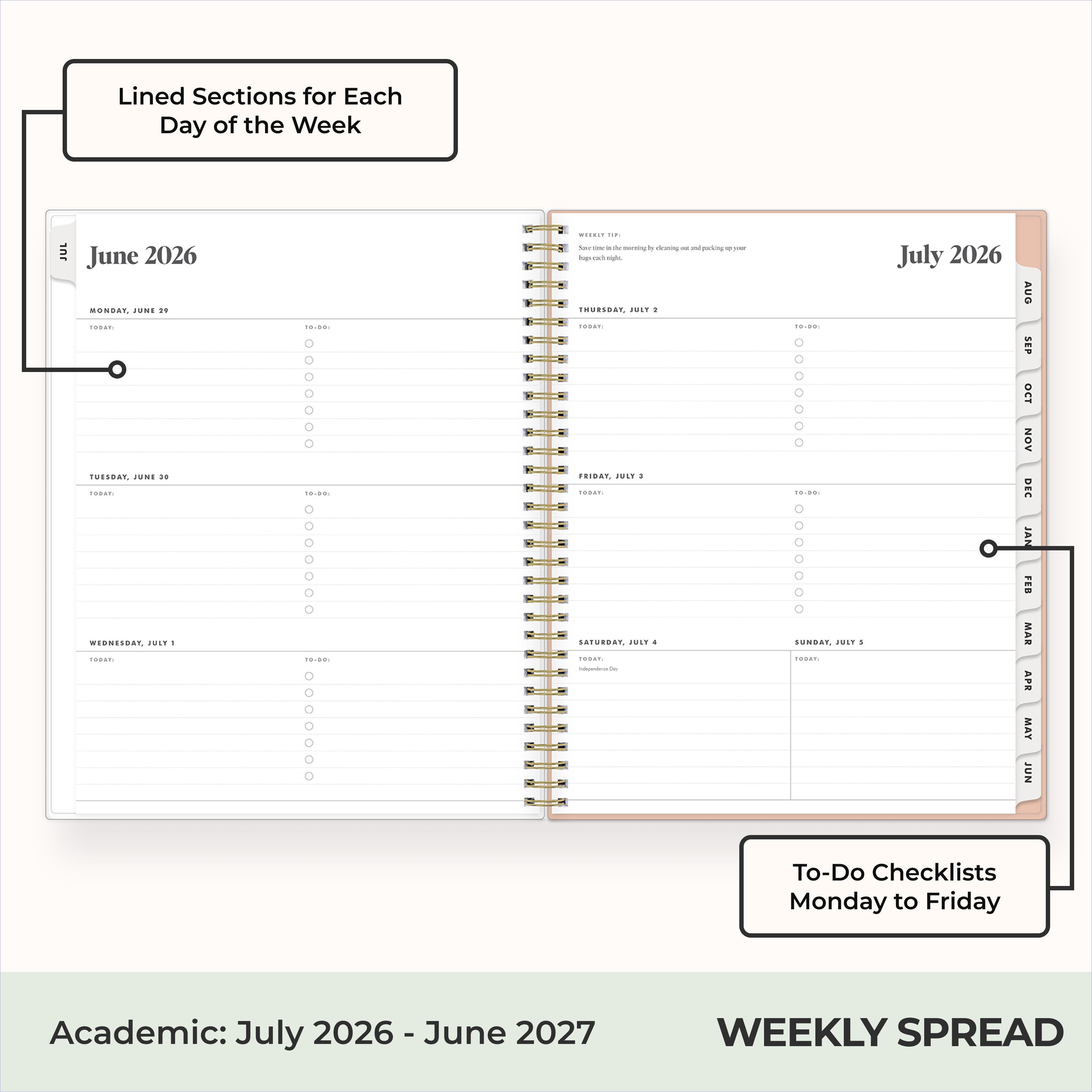 2026-2027 weekly spread featuring ample writing space, bullet points, to do-list