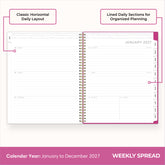 2027 weekly spread features ample lined writing space for to do lists, notes section, reference calendars, bullet points, and monthly tabs