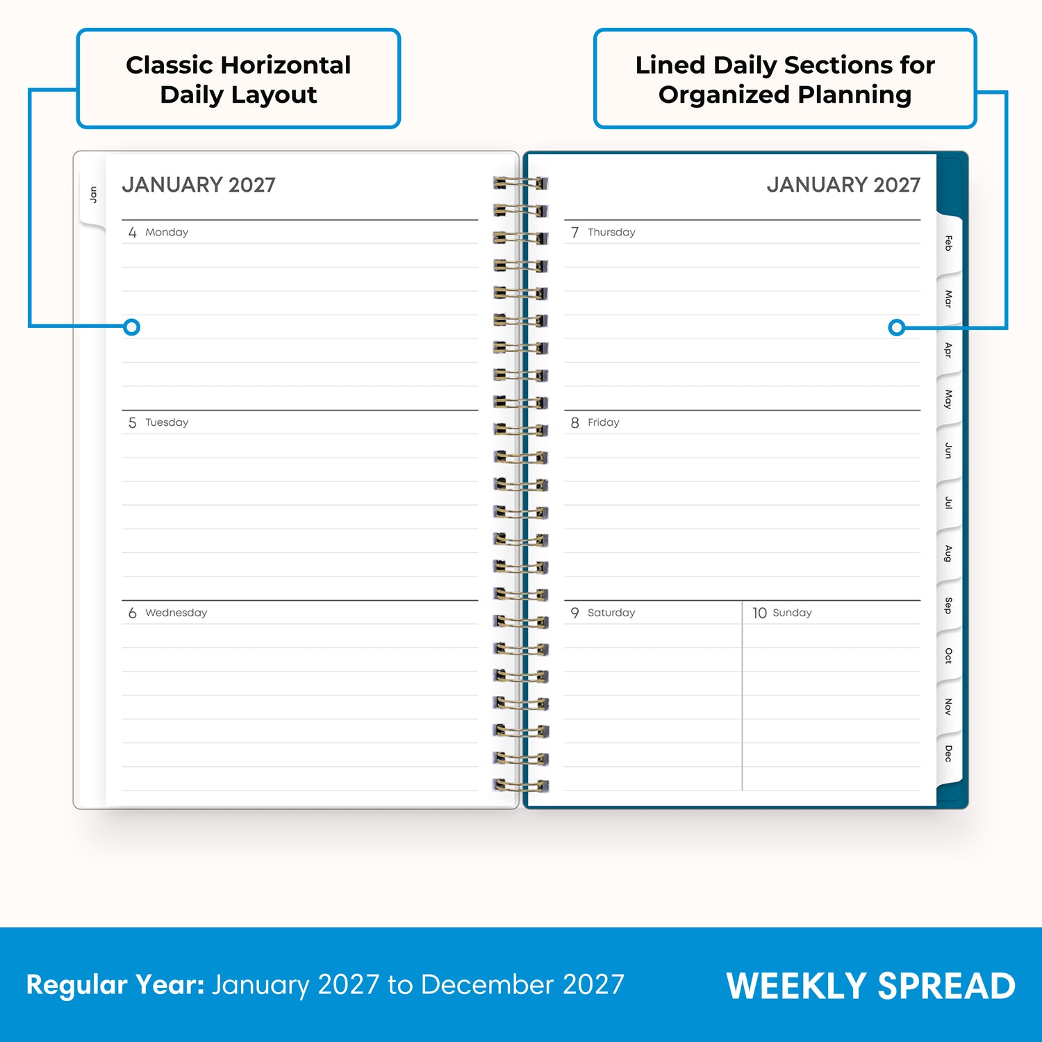 2027 weekly spread features ample lined writing space for to do lists, notes section, reference calendars, bullet points, and monthly tabs