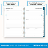 2027 weekly spread features ample lined writing space for to do lists, notes section, reference calendars, bullet points, and monthly tabs