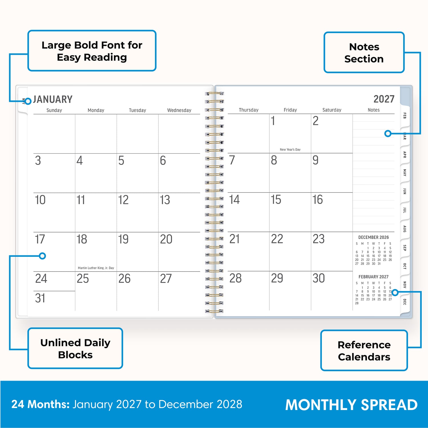 2027 monthly spread featuring ample blank  writing space for each date, notes section, reference calendars, and monthly tabs