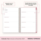 2027 weekly spread features ample open blank writing space for to do lists, notes section, reference calendars, bullet points, and monthly tabs