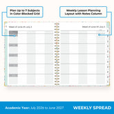 2026-2027 teacher weekly spread featuring ample writing space and sections for each subject or class