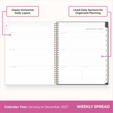 2027 weekly spread features ample lined writing space for to do lists, notes section, reference calendars, bullet points, and monthly tabs