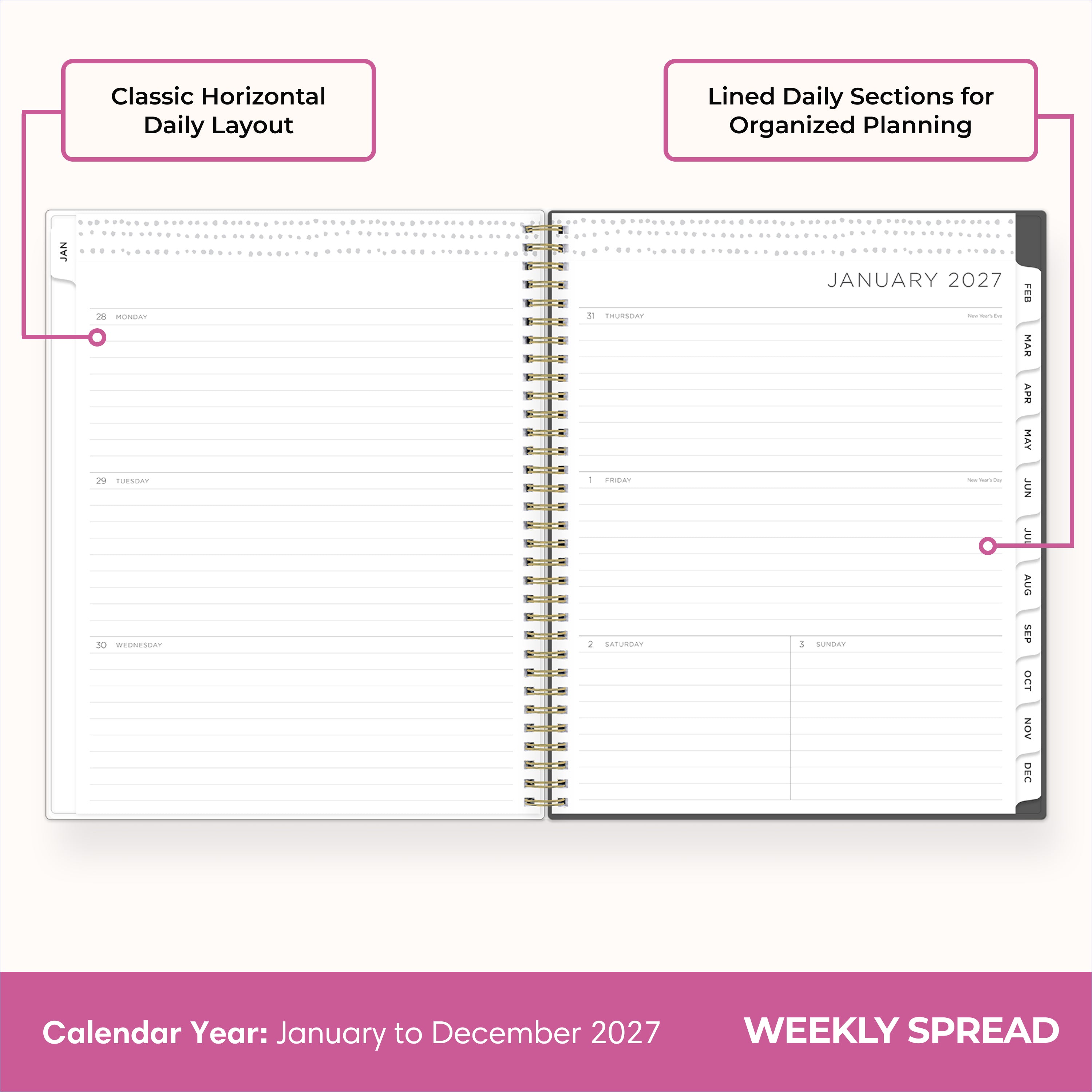 2027 weekly spread features ample lined writing space for to do lists, notes section, reference calendars, bullet points, and monthly tabs