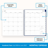 this july 2026 - june 2027 planner features a monthly spread with ample writing space for each day, monthly reference calendar, sections for note taking, bullet points, and check lists.
