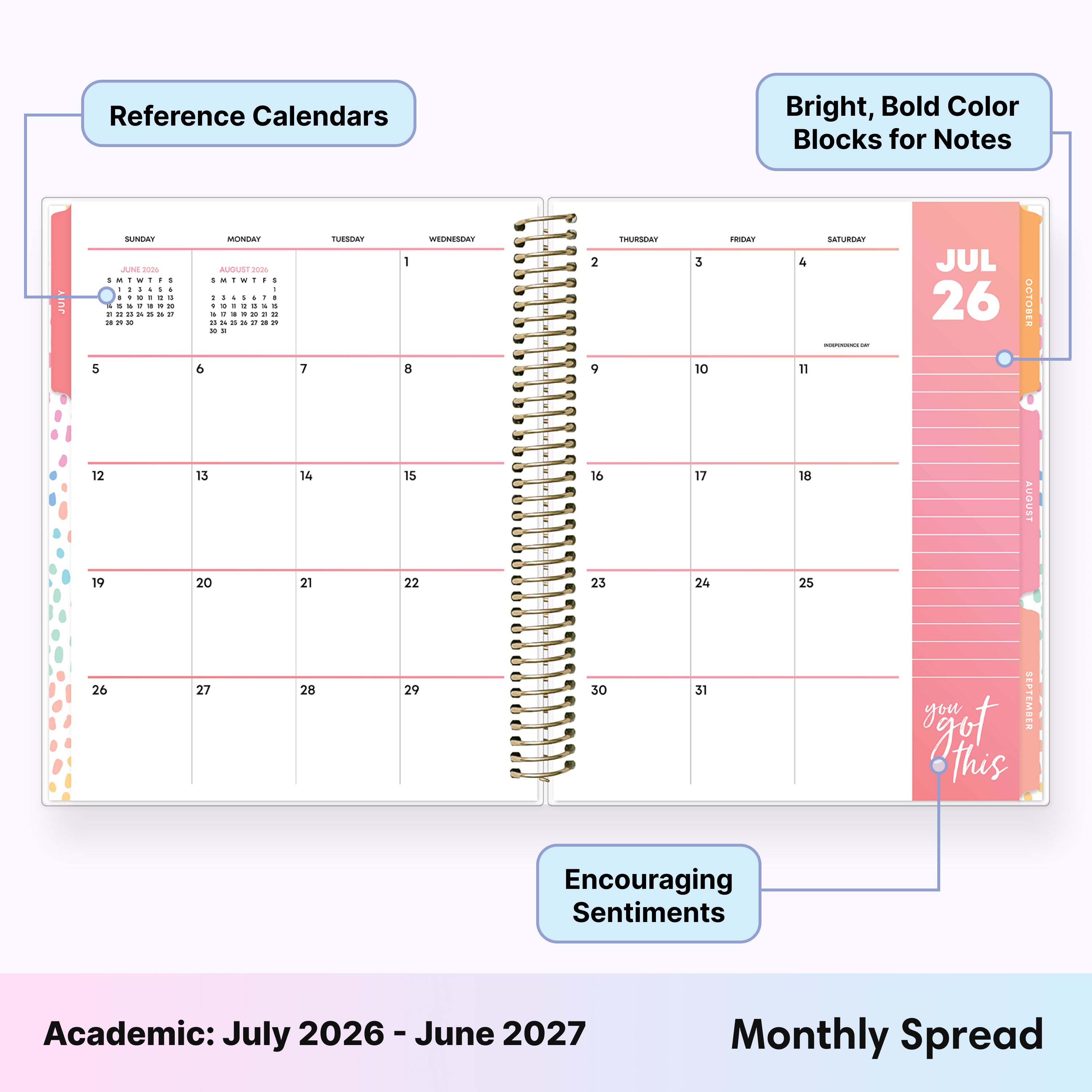 Calendar with monthly spread, reference calendars, blank writing space for each day, lined notes section