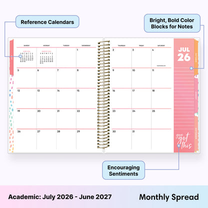 Calendar with monthly spread, reference calendars, blank writing space for each day, lined notes section