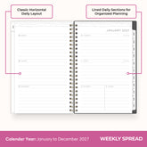 2027 weekly spread features ample lined writing space for to do lists, notes section, reference calendars, bullet points, and monthly tabs