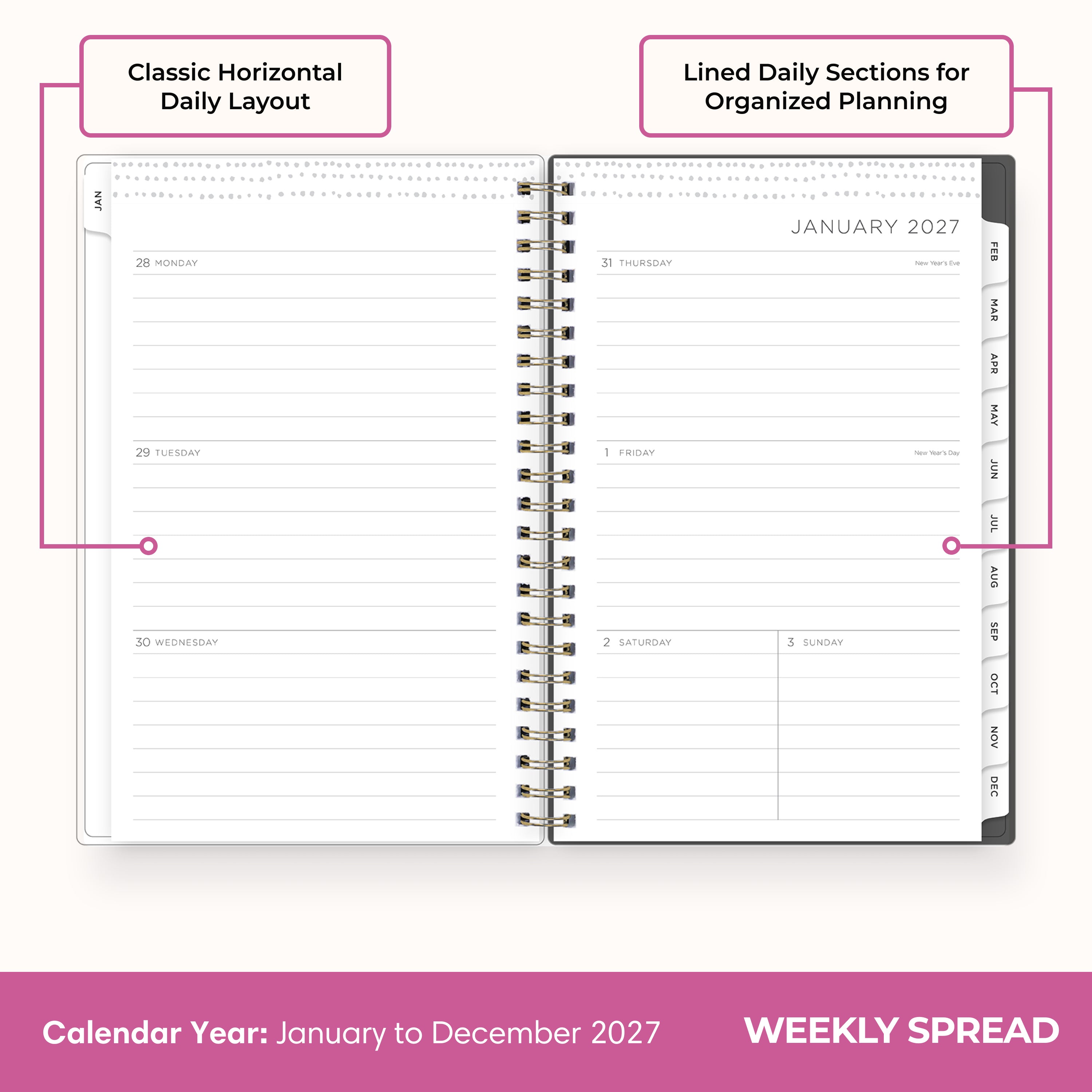 2027 weekly spread features ample lined writing space for to do lists, notes section, reference calendars, bullet points, and monthly tabs