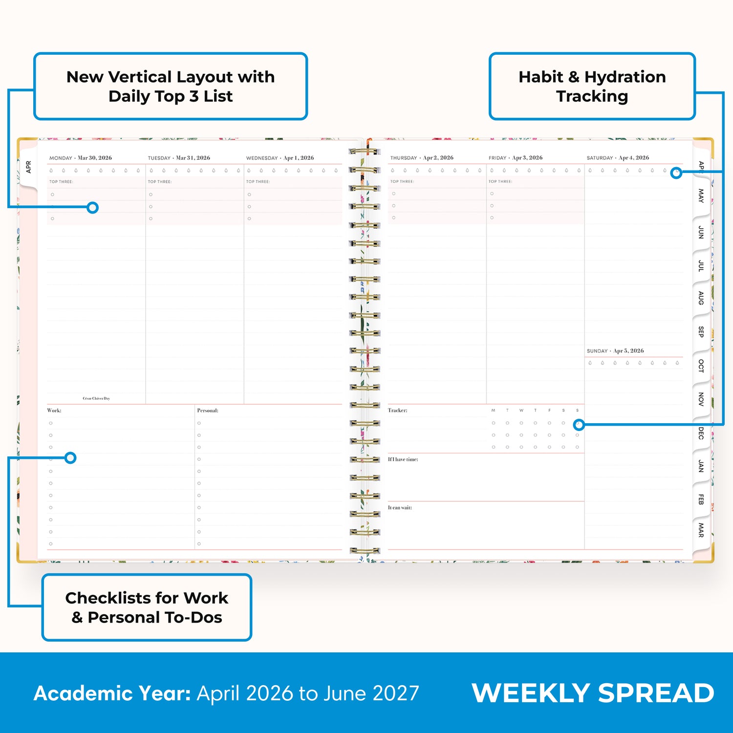 2026-2027 weekly spread featuring ample writing space, bullet points, to do-list.
