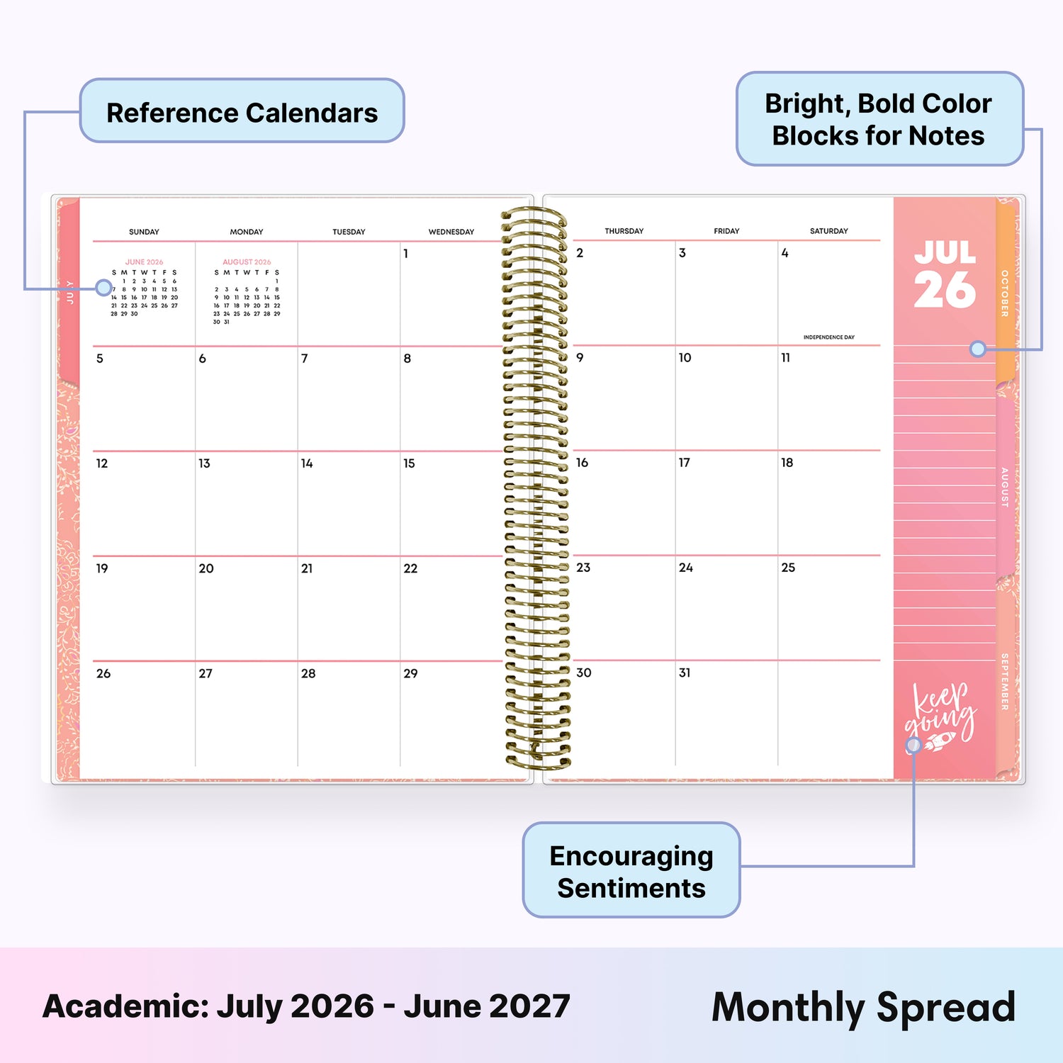 this july 2026 - june 2027 planner features a monthly spread with ample writing space for each day, monthly reference calendar, sections for note taking, bullet points, and check lists.
