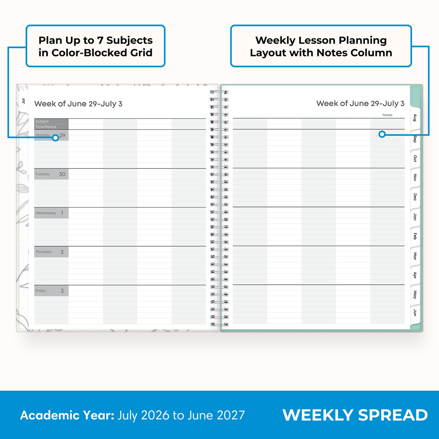 2026-2027 teacher weekly spread featuring ample writing space and sections for each subject or class
