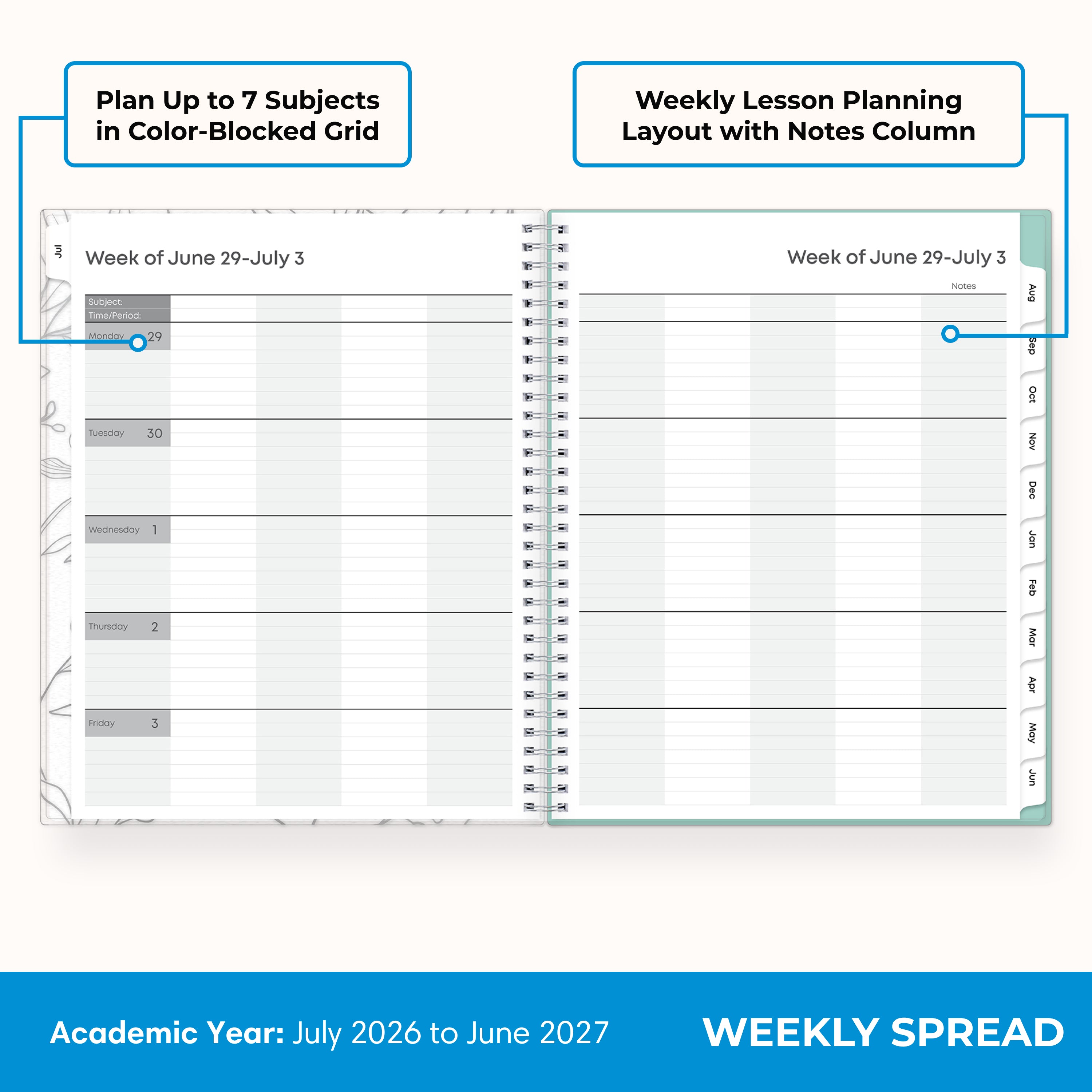 2026-2027 teacher weekly spread featuring ample writing space and sections for each subject or class
