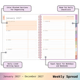 2027 weekly spread features ample lined writing space for to do lists, notes section, reference calendars, bullet points, and monthly tabs
