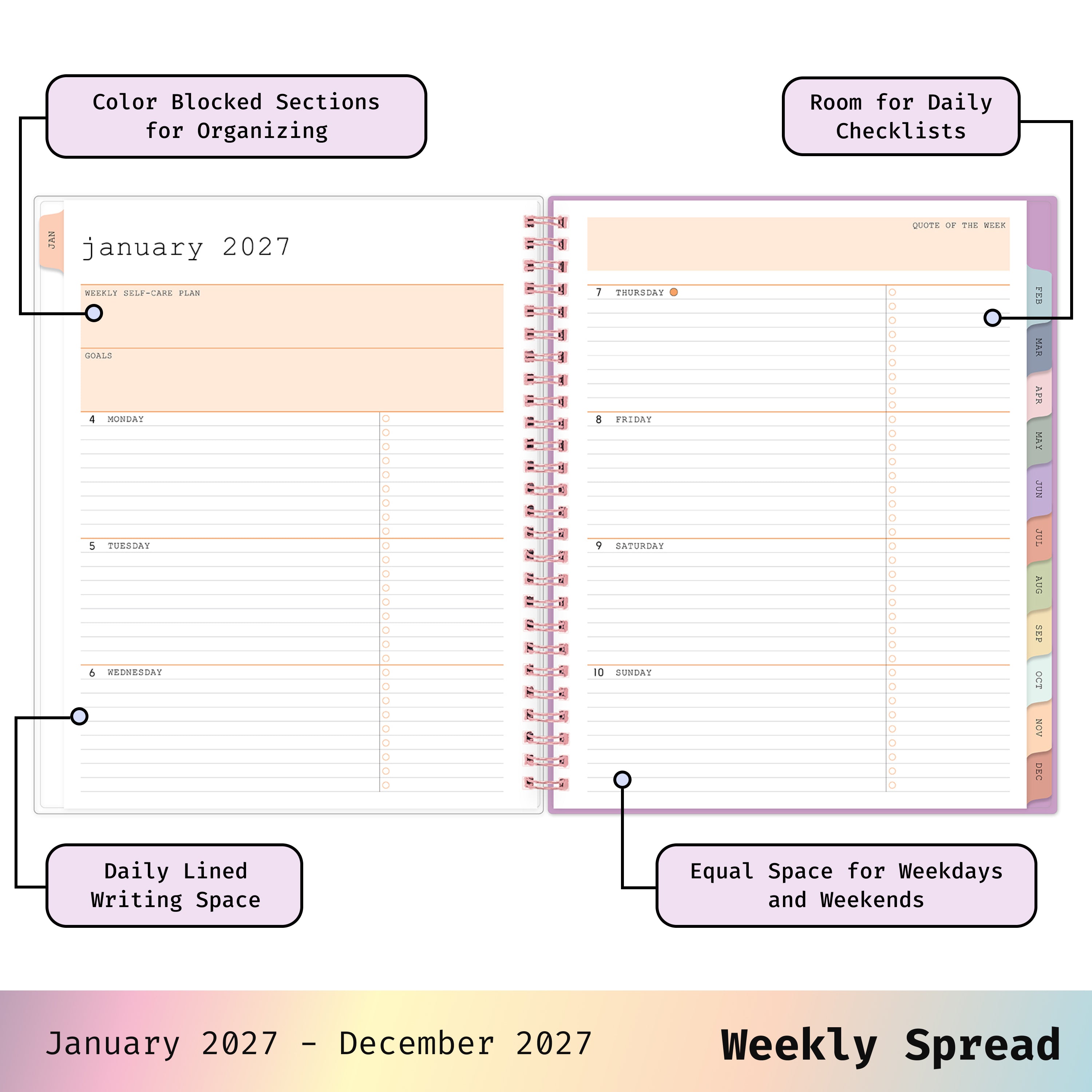 2027 weekly spread features ample lined writing space for to do lists, notes section, reference calendars, bullet points, and monthly tabs