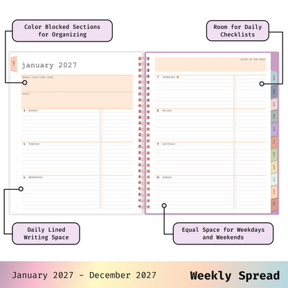 2027 weekly spread features ample lined writing space for to do lists, notes section, reference calendars, bullet points, and monthly tabs