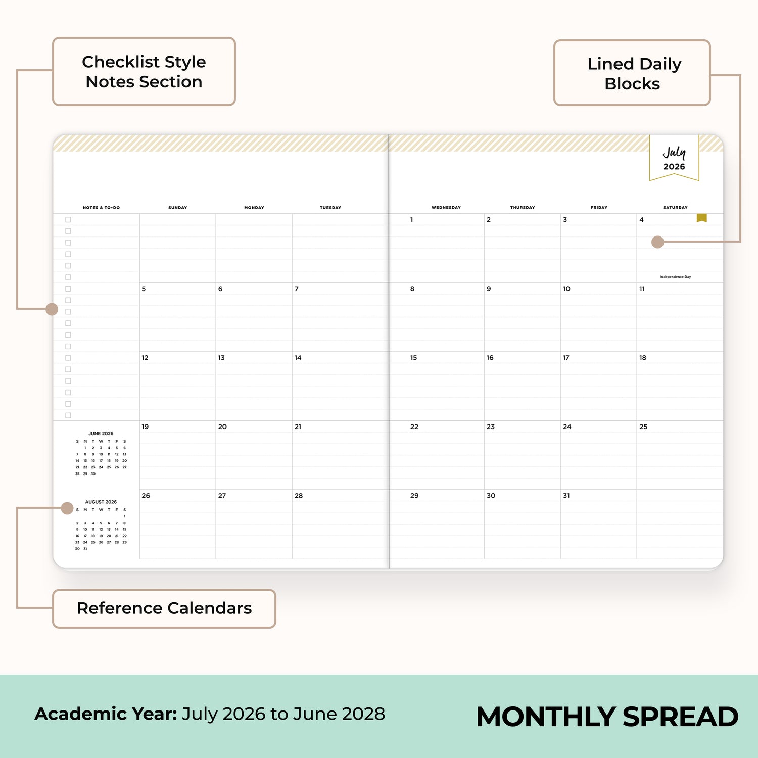 this july 2026 - june 2027 planner features a monthly spread with ample writing space for each day, monthly reference calendar, sections for note taking, bullet points, and check lists.
