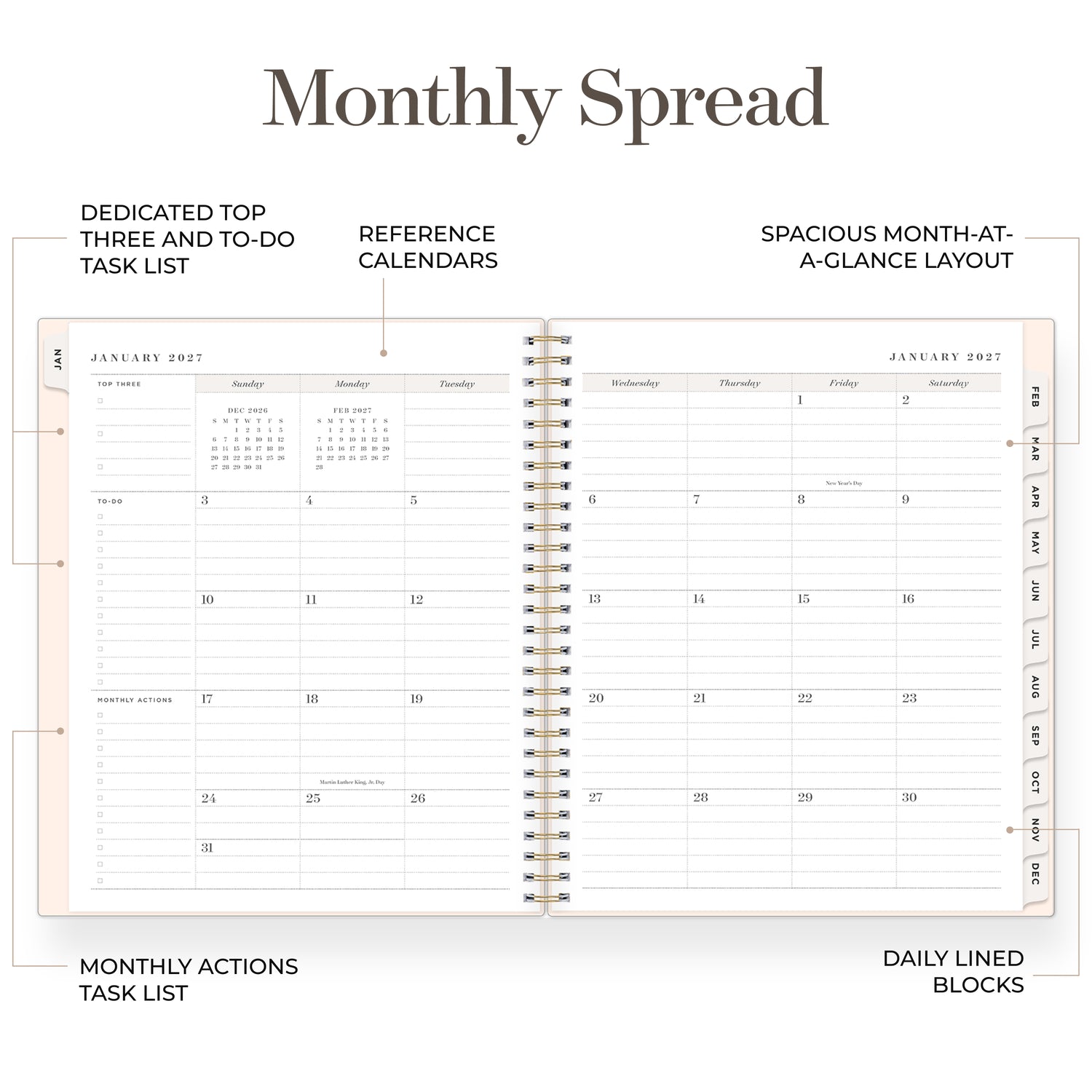 2027 monthly spread featuring ample lined writing space for each date, notes section, reference calendars, and monthly tabs