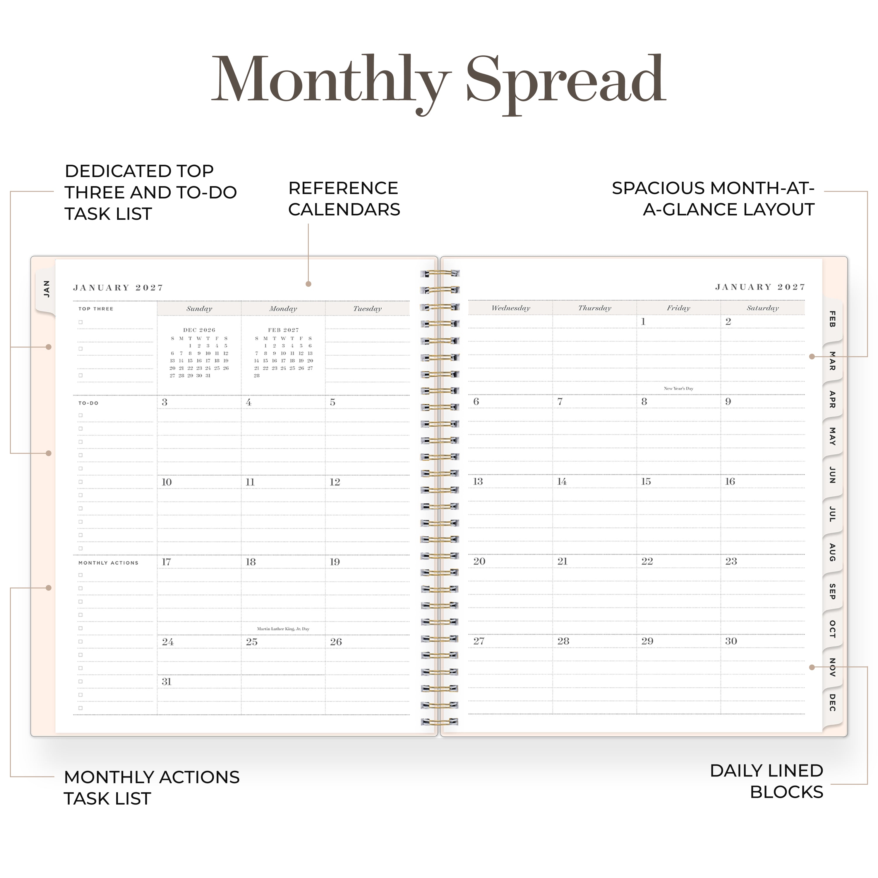 2027 monthly spread featuring ample lined writing space for each date, notes section, reference calendars, and monthly tabs