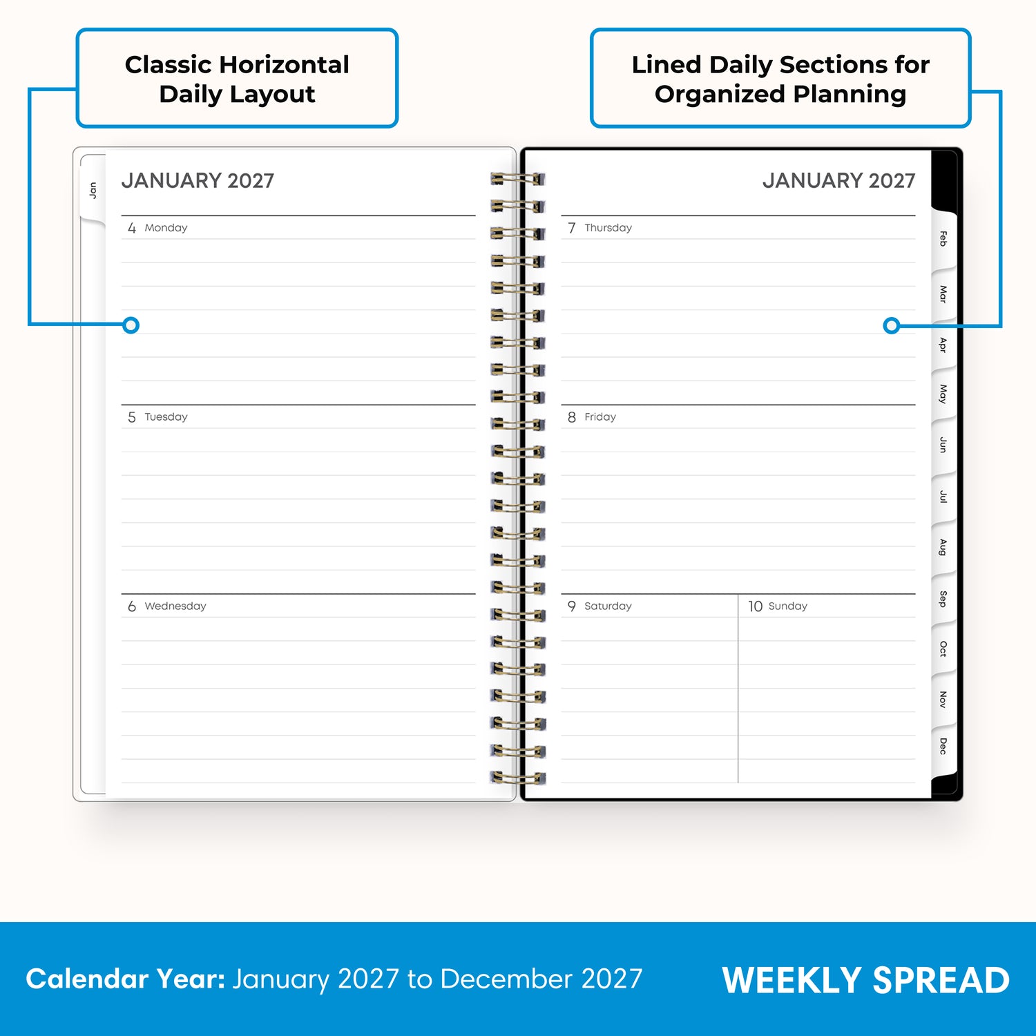 2027 monthly spread featuring ample lined writing space for each date, notes section, reference calendars, and monthly tabs