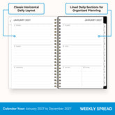 2027 monthly spread featuring ample lined writing space for each date, notes section, reference calendars, and monthly tabs