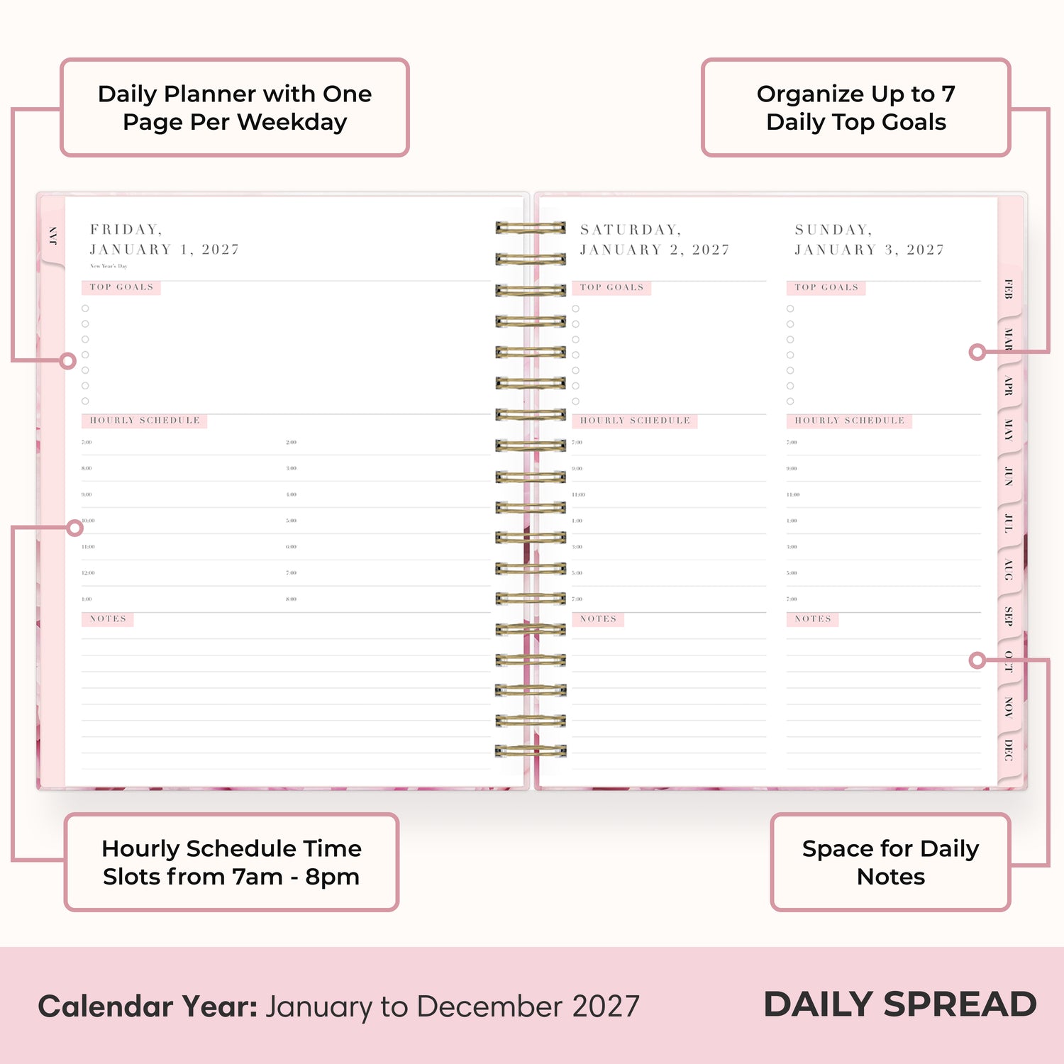 this daily planner features an hourly layout with vertical planning, bullet points, lined writing space, and ample room for notes