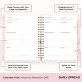 this daily planner features an hourly layout with vertical planning, bullet points, lined writing space, and ample room for notes