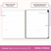 2027 weekly spread features ample lined writing space for to do lists, notes section, reference calendars, bullet points, and monthly tabs
