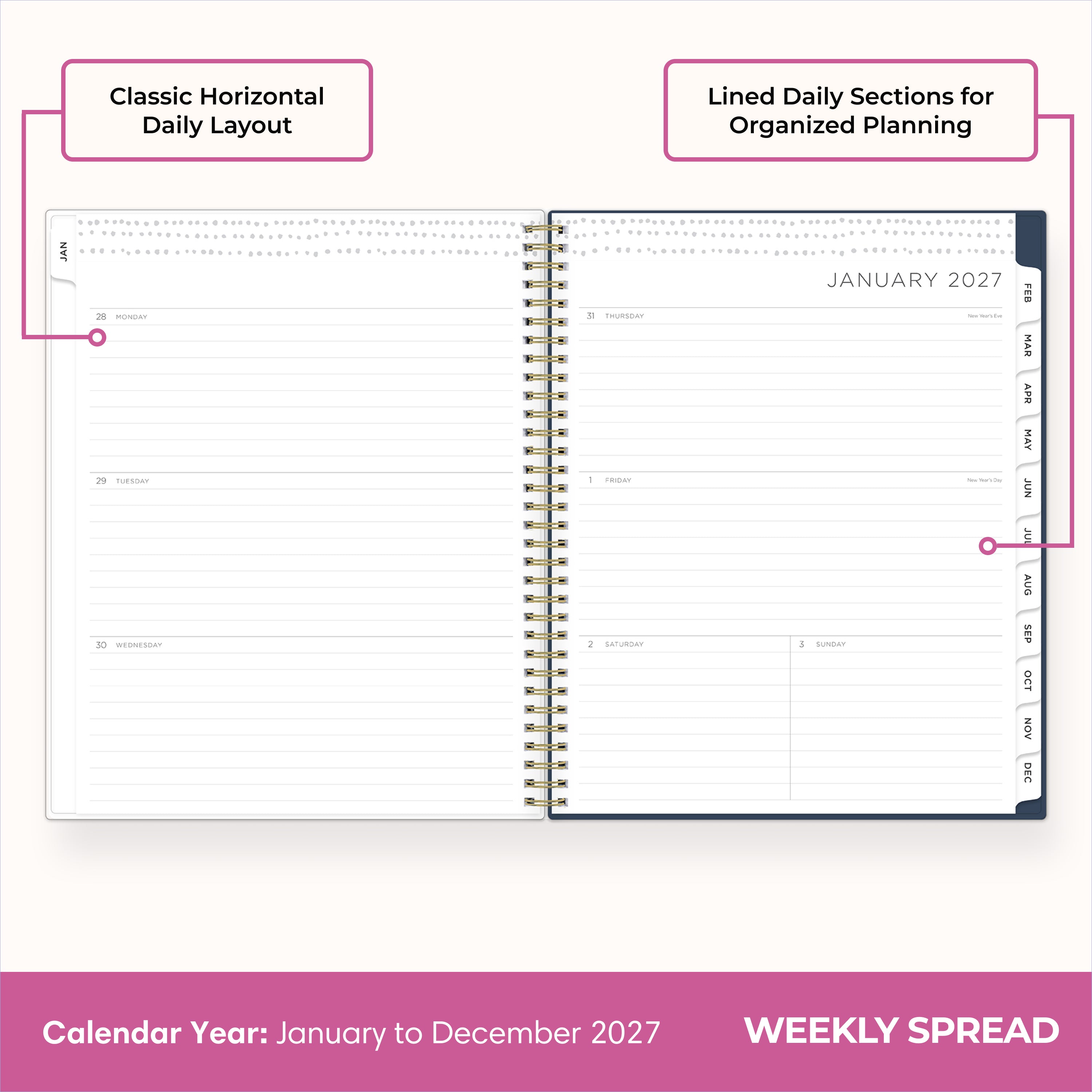 2027 weekly spread features ample lined writing space for to do lists, notes section, reference calendars, bullet points, and monthly tabs