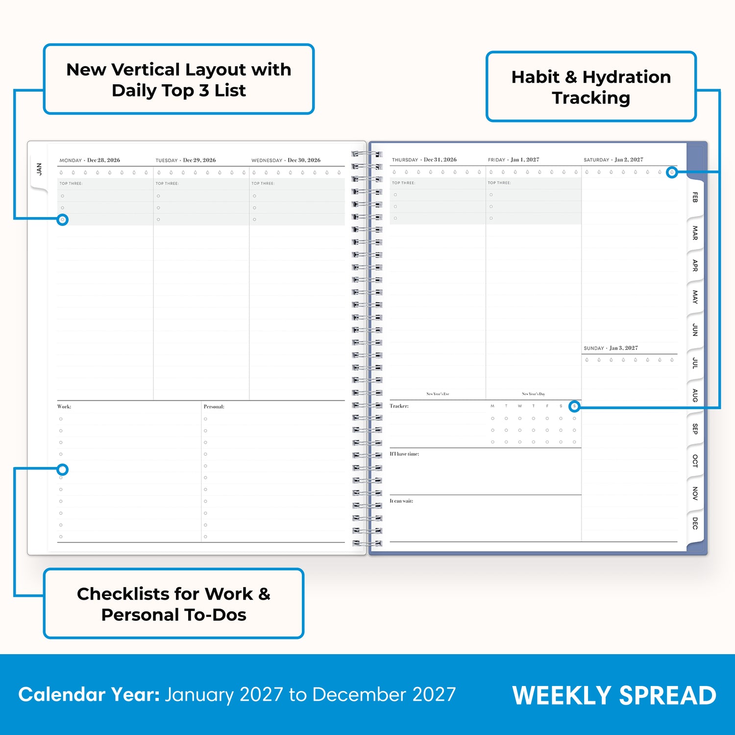 january 2027 weekly spread featuring top three goals, bullet points, to do section, habit tracker, notes section with vertical planning layout