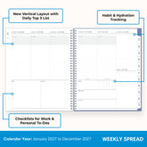 january 2027 weekly spread featuring top three goals, bullet points, to do section, habit tracker, notes section with vertical planning layout