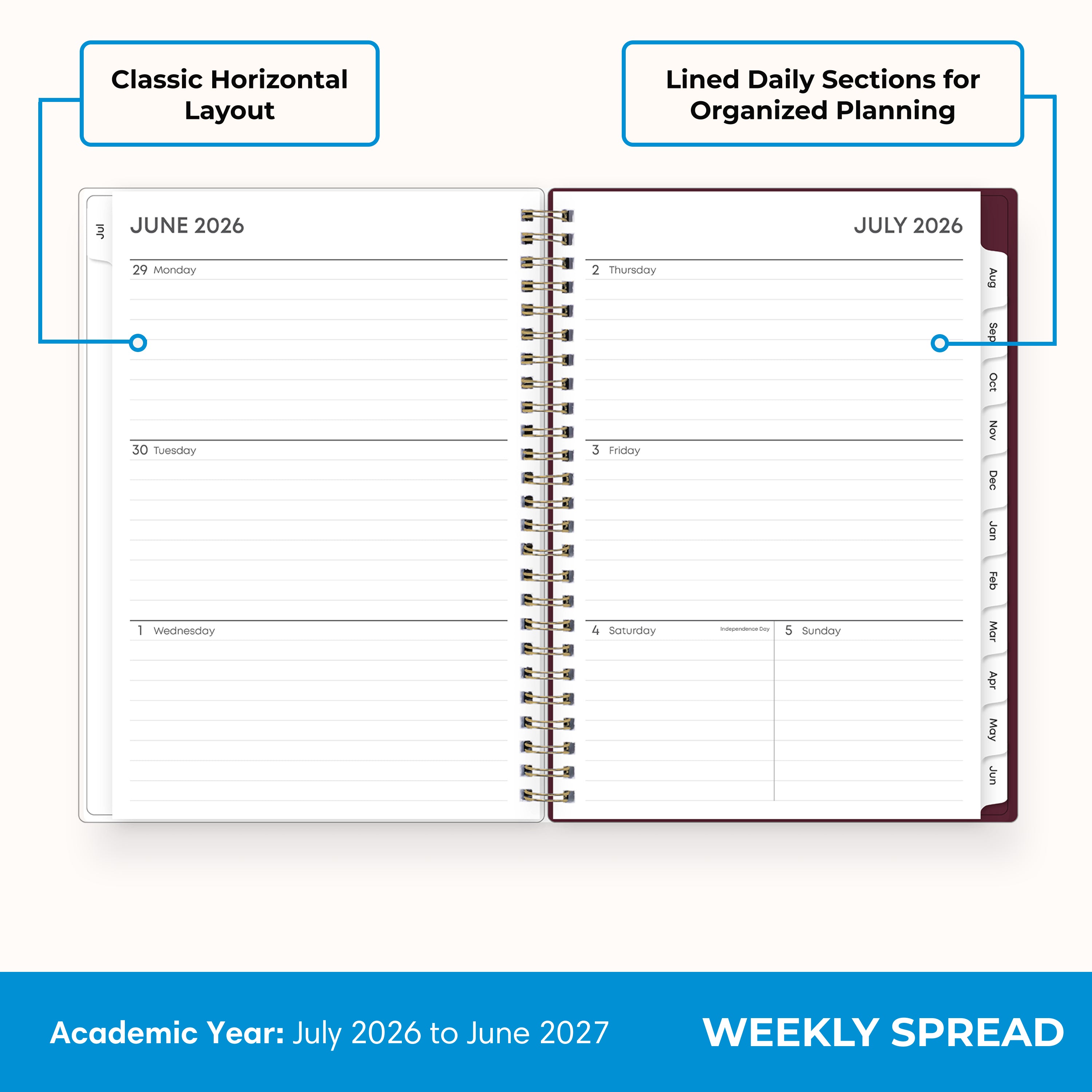 weekly planner notes featuring lined writing space and white monthly tabs