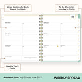 2026-2027 weekly spread featuring ample writing space, bullet points, to do-list.
