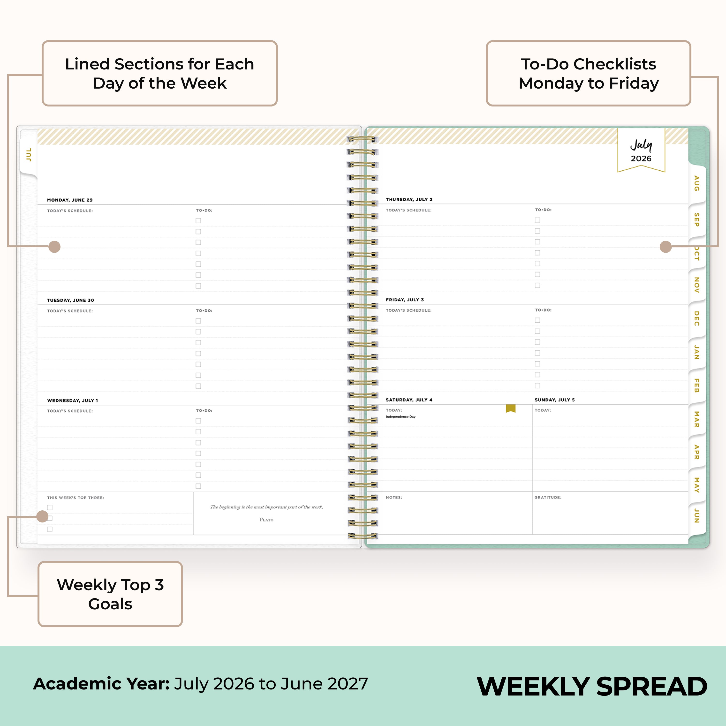 2026-2027 weekly spread featuring ample writing space, bullet points, to do-list.

