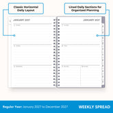 2027 weekly spread features ample lined writing space for to do lists, notes section, reference calendars, bullet points, and monthly tabs