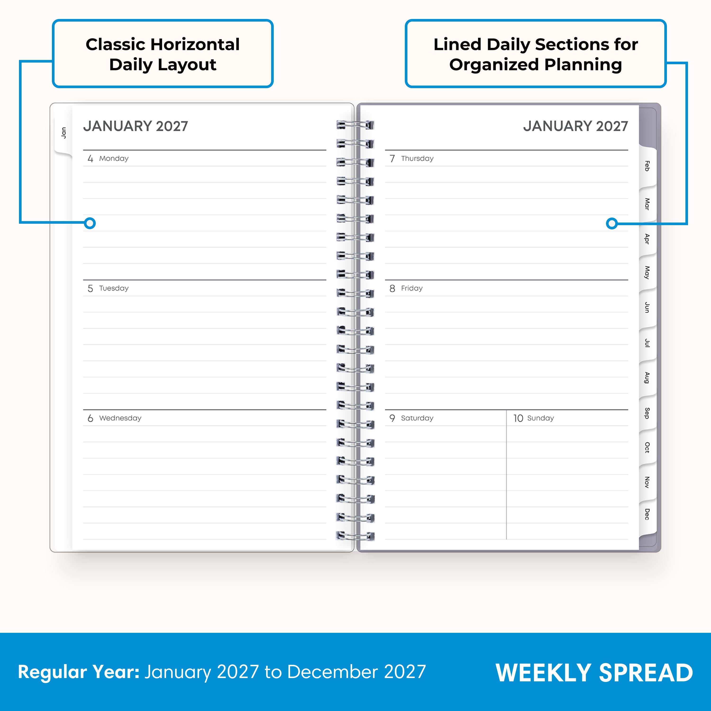 2027 weekly spread features ample lined writing space for to do lists, notes section, reference calendars, bullet points, and monthly tabs