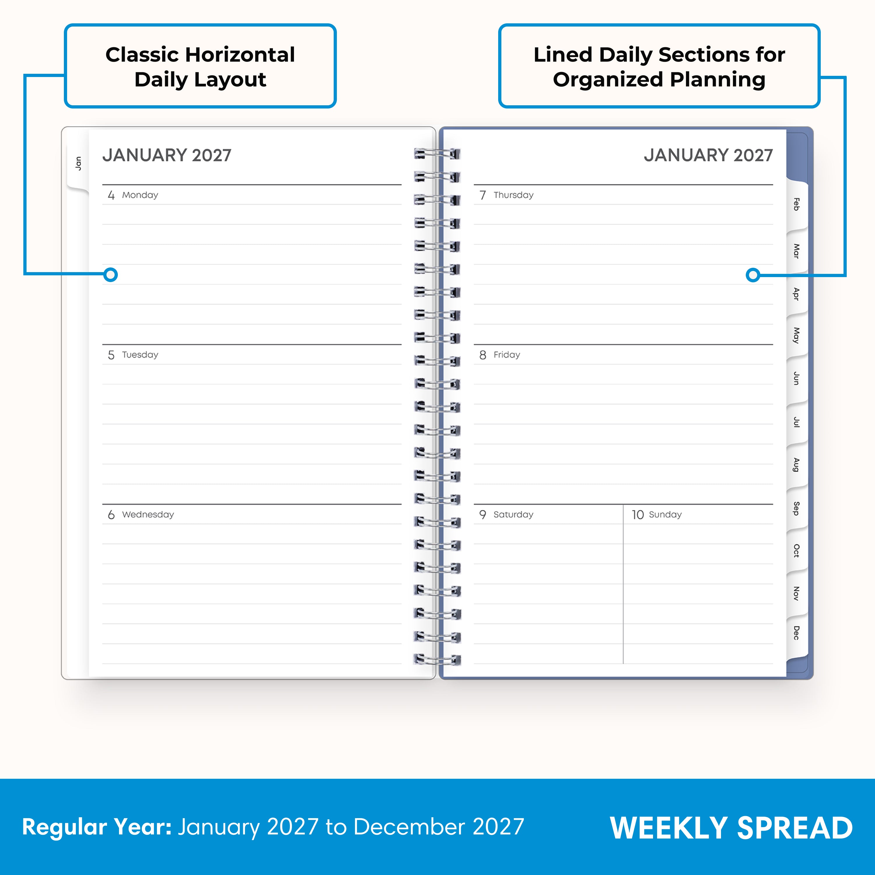 january 2027 weekly spread featuring top three goals, bullet points, to do section, habit tracker, notes section with vertical planning layout