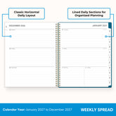 2027 weekly spread features ample lined writing space for to do lists, notes section, reference calendars, bullet points, and monthly tabs