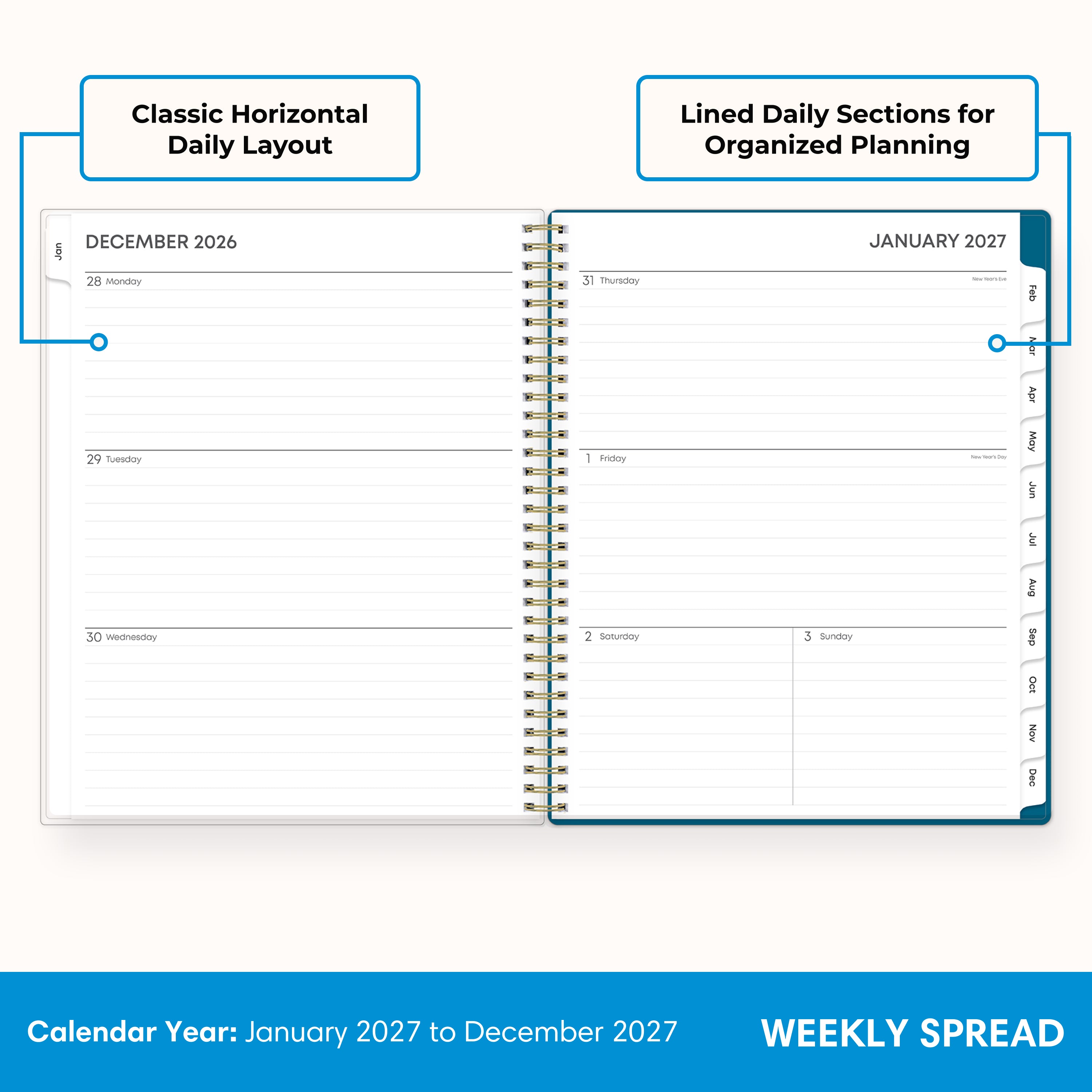 2027 weekly spread features ample lined writing space for to do lists, notes section, reference calendars, bullet points, and monthly tabs