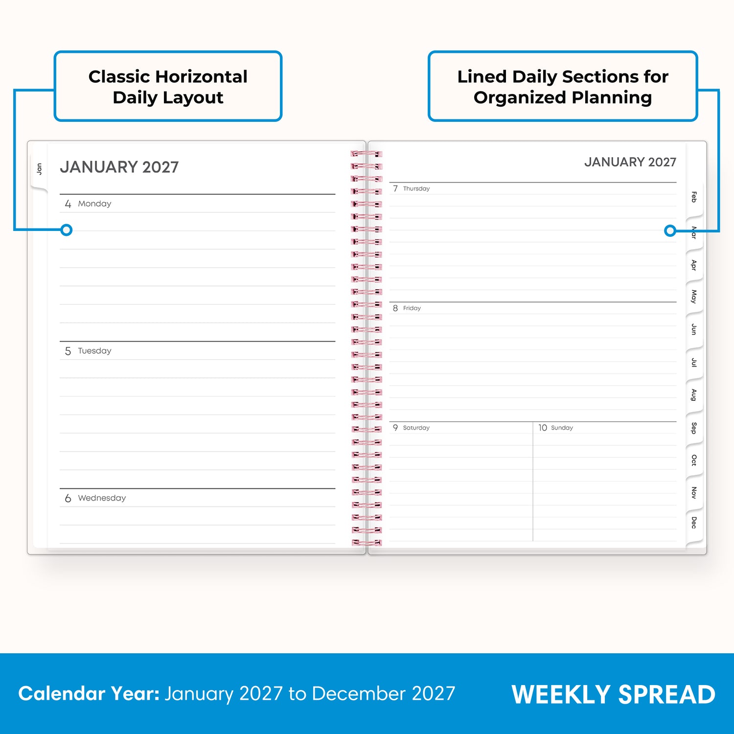 2027 weekly spread features ample lined writing space for to do lists, notes section, reference calendars, bullet points, and monthly tabs