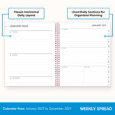 2027 weekly spread features ample lined writing space for to do lists, notes section, reference calendars, bullet points, and monthly tabs