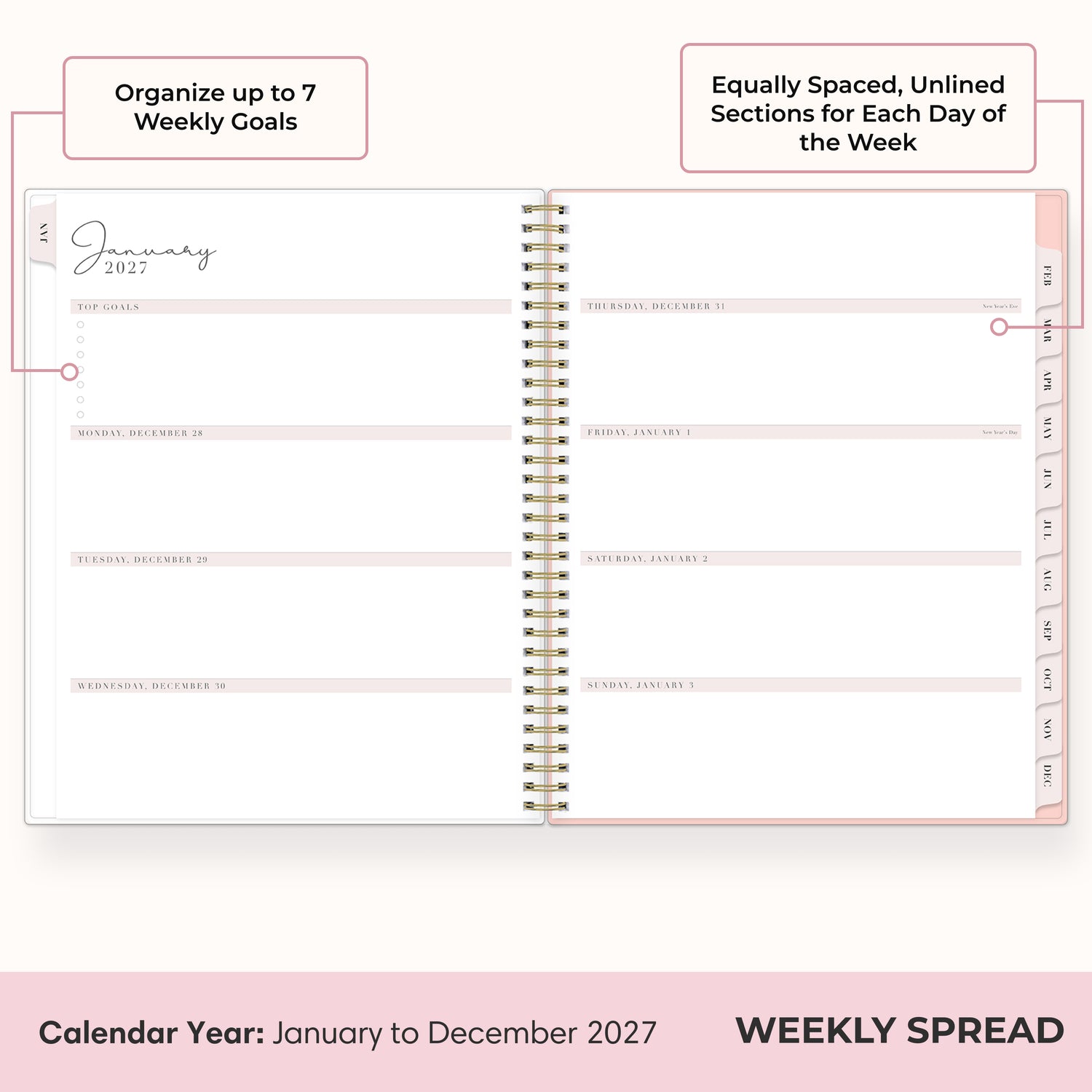 2027 weekly spread features ample open blank writing space for to do lists, notes section, reference calendars, bullet points, and monthly tabs