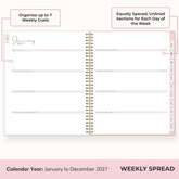 2027 weekly spread features ample open blank writing space for to do lists, notes section, reference calendars, bullet points, and monthly tabs