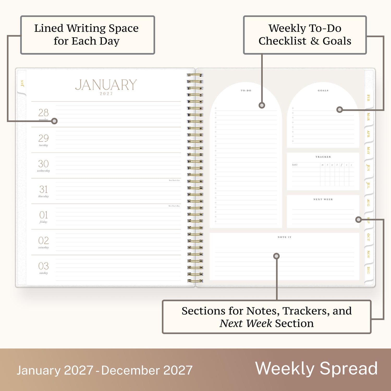 2027 weekly spread features ample lined writing space for to do lists, notes section, reference calendars, bullet points, and monthly tabs